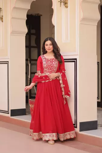 Red Designer Georgette Gown Dupatta With Embroidery Zari Sequins work