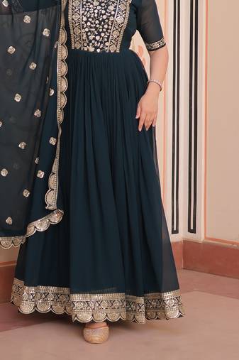 Teal rama Designer Georgette Gown Dupatta With  Embroidery Zari Sequins-work