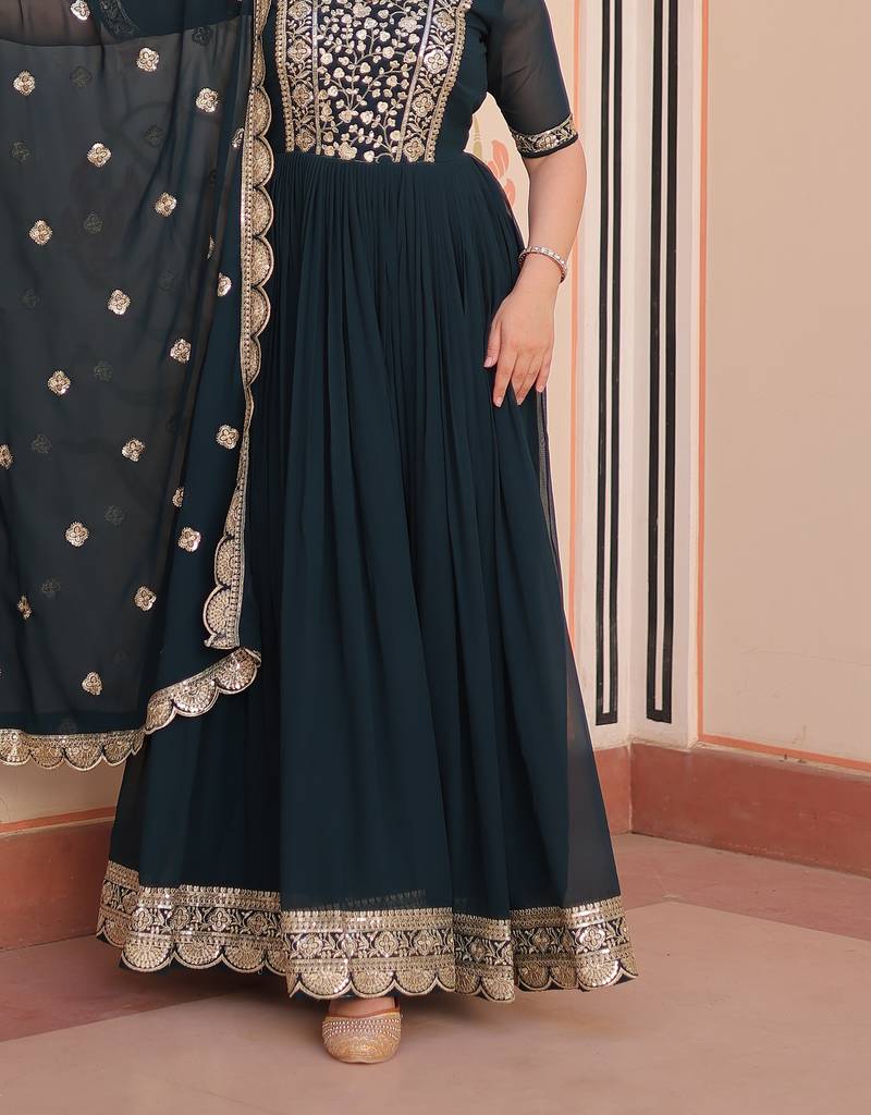 Teal rama Designer Georgette Gown Dupatta With  Embroidery Zari Sequins-work