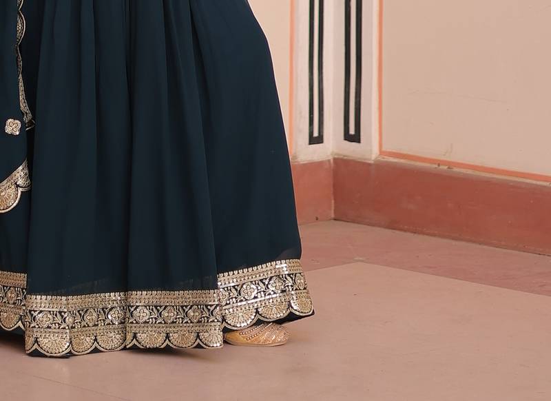 Teal rama Designer Georgette Gown Dupatta With  Embroidery Zari Sequins-work