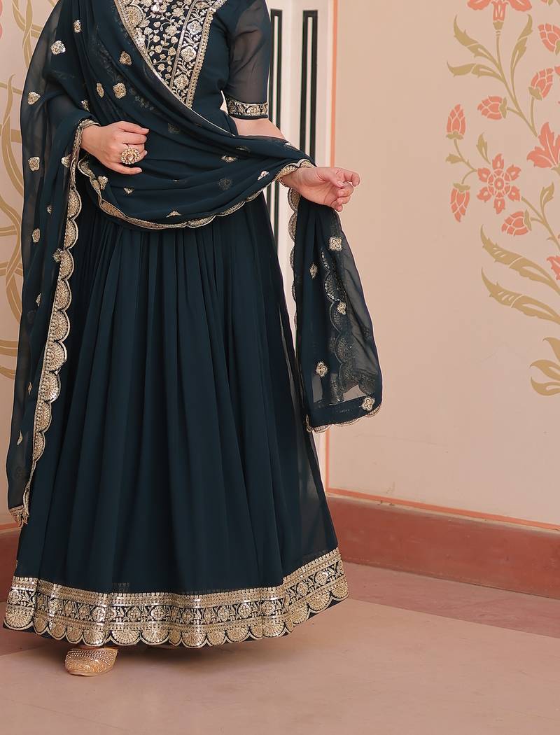 Teal rama Designer Georgette Gown Dupatta With  Embroidery Zari Sequins-work