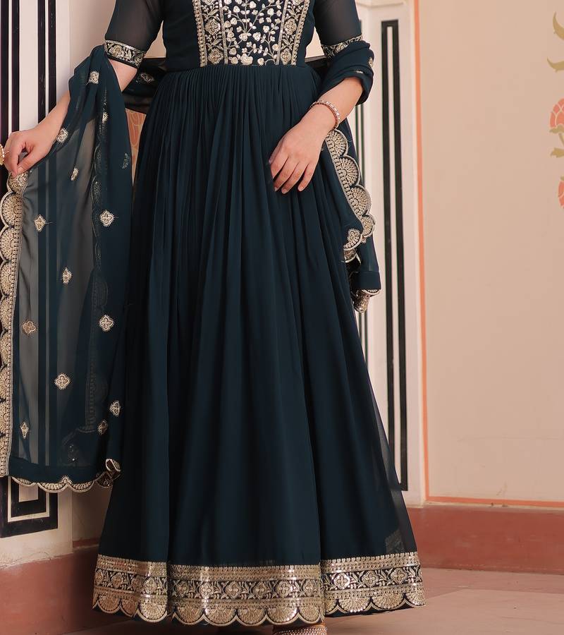 Teal rama Designer Georgette Gown Dupatta With  Embroidery Zari Sequins-work