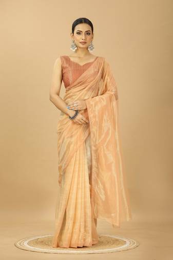 peach net party wear saree with embroidered blouse