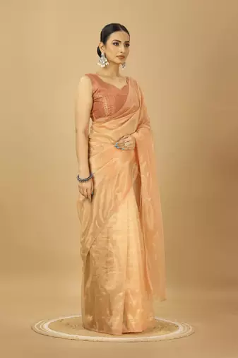 peach net party wear saree with embroidered blouse