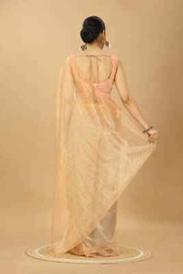 peach net party wear saree with embroidered blouse 3