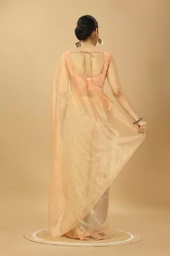 peach net party wear saree with embroidered blouse