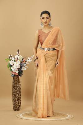 peach net party wear saree with embroidered blouse 4