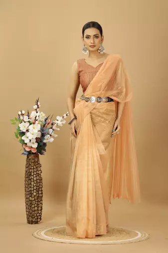peach net party wear saree with embroidered blouse