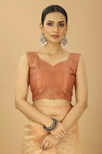 peach net party wear saree with embroidered blouse