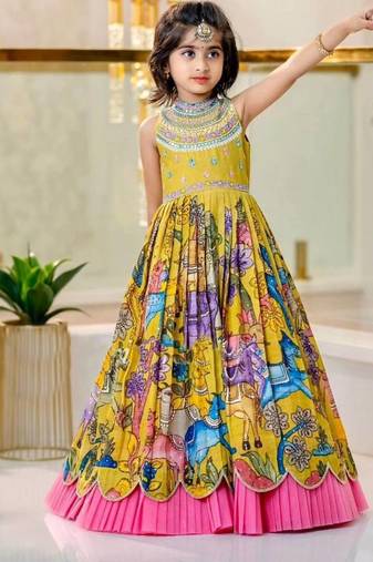 Yellow heavy chinon embroidery & print work fully stitched gown for girls