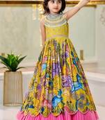 Yellow heavy chinon embroidery & print work fully stitched gown for girls
