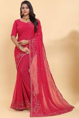 pink georgette embroidered saree with blouse 1