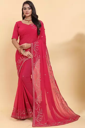 Elegance Designer Georgette Saree with Embroidery Work and Plain Georgette Blouse