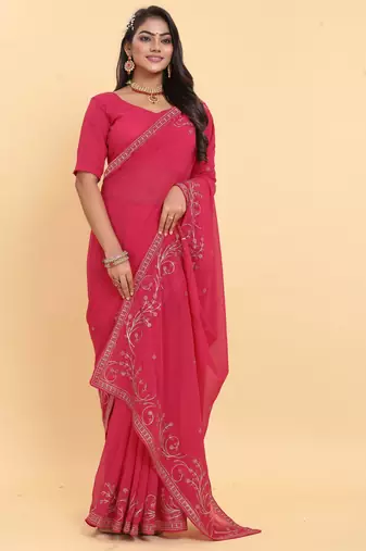 pink georgette embroidered saree with blouse