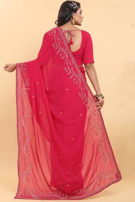 pink georgette embroidered saree with blouse 3