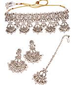 Flower design chandelier shape white kundan stone gold plated brass choker necklace set with maang tikkka for women