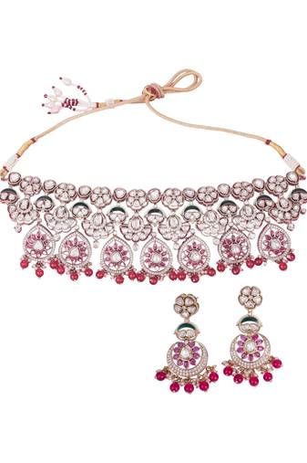 Flower design and chandelier shape red kundan stone gold plated brass choker necklace set for women
