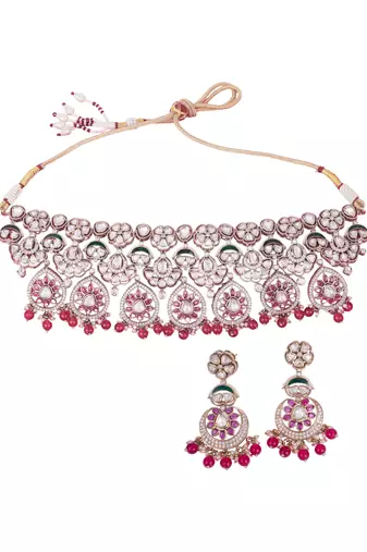 Flower design and chandelier shape red kundan stone gold plated brass choker necklace set for women