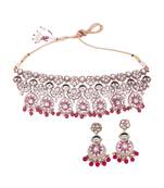 Flower design and chandelier shape red kundan stone gold plated brass choker necklace set for women