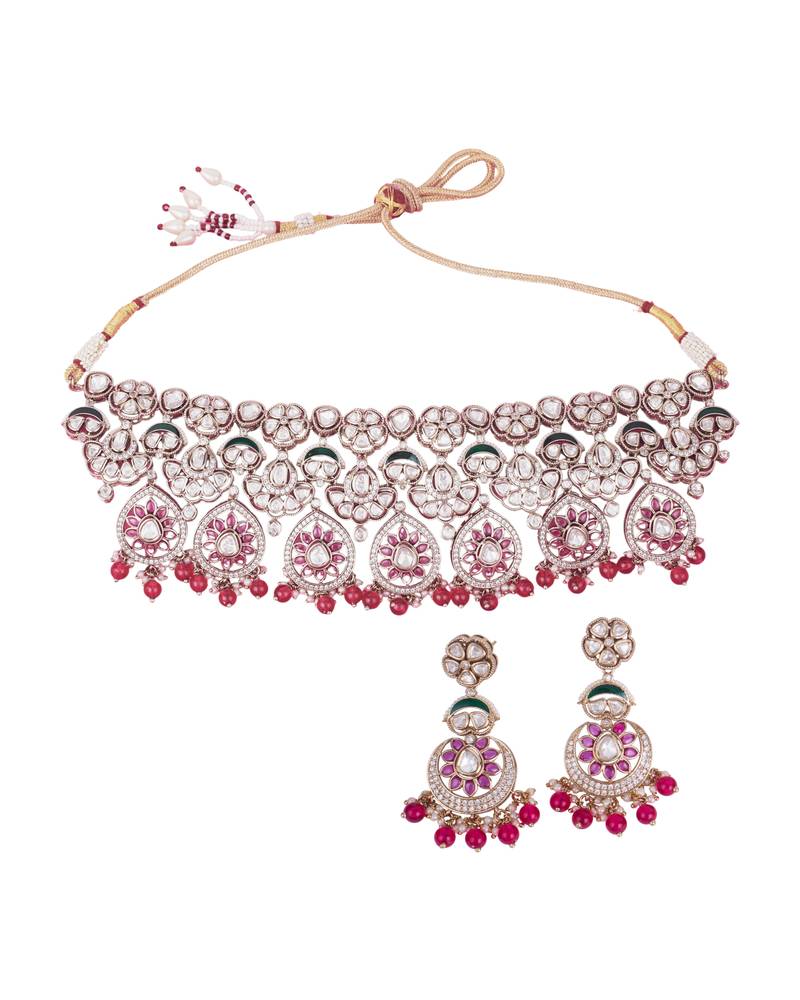 Flower design and chandelier shape red kundan stone gold plated brass choker necklace set for women