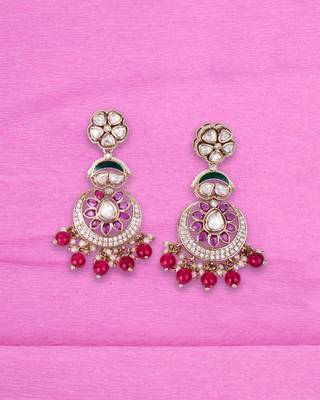 Flower design and chandelier shape red kundan stone gold plated brass choker necklace set for women 2