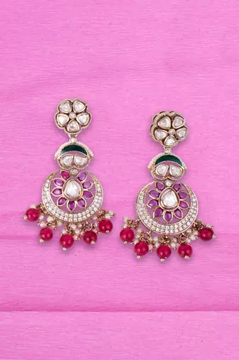Flower design and chandelier shape red kundan stone gold plated brass choker necklace set for women