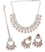 Round & oval shape white kundan stone gold plated brass choker necklace set with maang tikkka for women