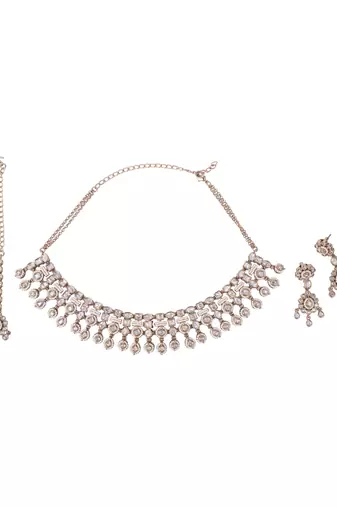 Round shape white kundan stone gold plated brass choker necklace set with maang tikkka for women