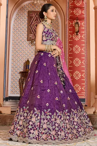 Purple Tissue Fabric Sequins embroidery Semi Stitched Lehenga & Unstitched Blouse With Dupatta