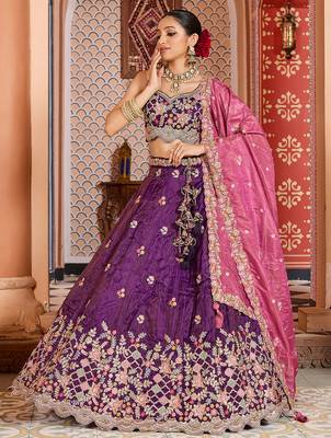Purple Tissue Fabric Sequins embroidery Semi Stitched Lehenga & Unstitched Blouse With Dupatta 1