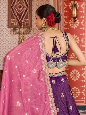 Purple Tissue Fabric Sequins embroidery Semi Stitched Lehenga & Unstitched Blouse With Dupatta 3