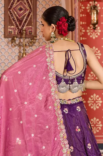 Purple Tissue Fabric Sequins embroidery Semi Stitched Lehenga & Unstitched Blouse With Dupatta