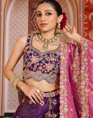 Purple Tissue Fabric Sequins embroidery Semi Stitched Lehenga & Unstitched Blouse With Dupatta 5