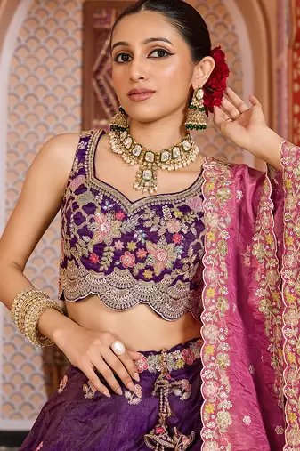 Purple Tissue Fabric Sequins embroidery Semi Stitched Lehenga & Unstitched Blouse With Dupatta