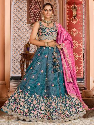Teal Tissue Fabric Sequins embroidery Semi Stitched Lehenga & Unstitched Blouse With Dupatta 1