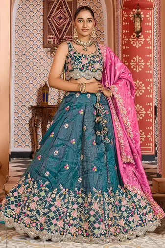 Teal Tissue Fabric Sequins embroidery Semi Stitched Lehenga & Unstitched Blouse With Dupatta