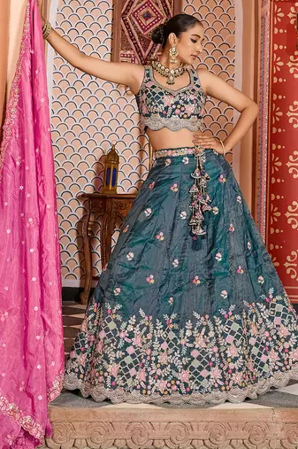 Teal Tissue Fabric Sequins embroidery Semi Stitched Lehenga & Unstitched Blouse With Dupatta