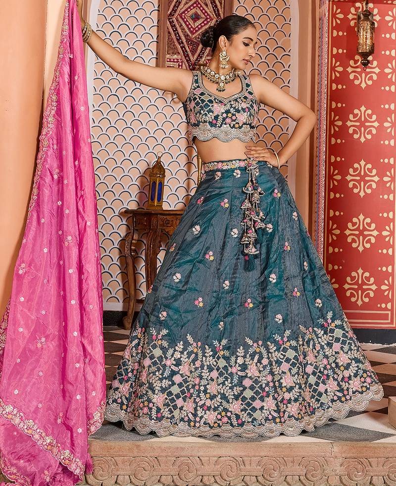 Teal Tissue Fabric Sequins embroidery Semi Stitched Lehenga & Unstitched Blouse With Dupatta