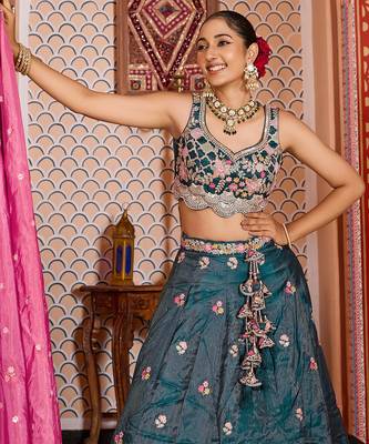 Teal Tissue Fabric Sequins embroidery Semi Stitched Lehenga & Unstitched Blouse With Dupatta 3