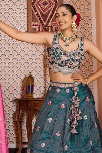 Teal Tissue Fabric Sequins embroidery Semi Stitched Lehenga & Unstitched Blouse With Dupatta