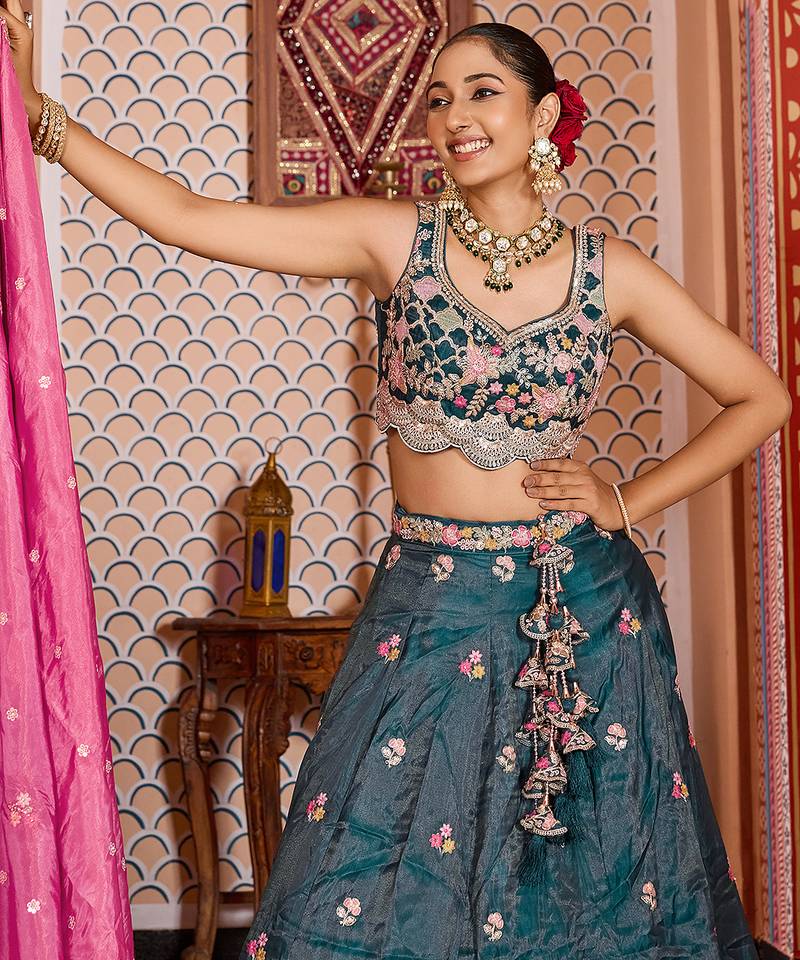 Teal Tissue Fabric Sequins embroidery Semi Stitched Lehenga & Unstitched Blouse With Dupatta