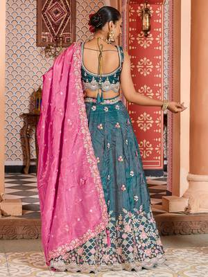 Teal Tissue Fabric Sequins embroidery Semi Stitched Lehenga & Unstitched Blouse With Dupatta 4