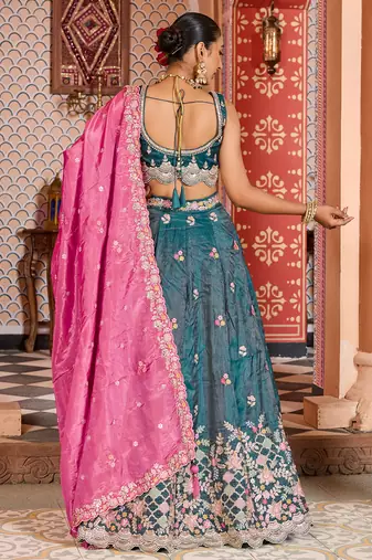 Teal Tissue Fabric Sequins embroidery Semi Stitched Lehenga & Unstitched Blouse With Dupatta