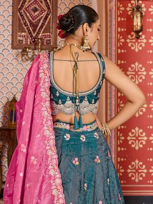 Teal Tissue Fabric Sequins embroidery Semi Stitched Lehenga & Unstitched Blouse With Dupatta 5
