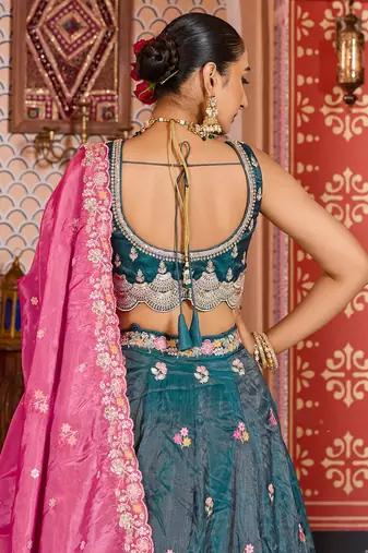 Teal Tissue Fabric Sequins embroidery Semi Stitched Lehenga & Unstitched Blouse With Dupatta