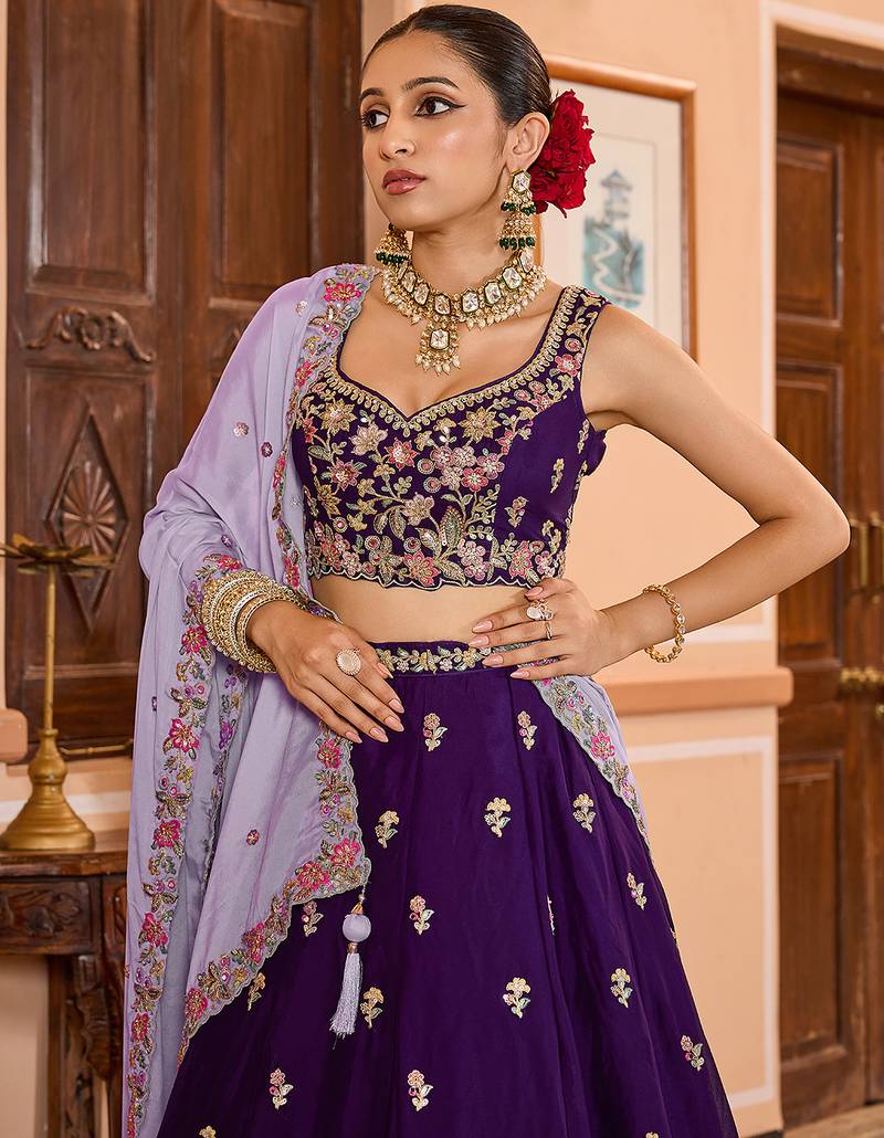 Purple Georgette Fabric Sequins embroidery Semi Stitched Lehenga & Unstitched Blouse With Dupatta