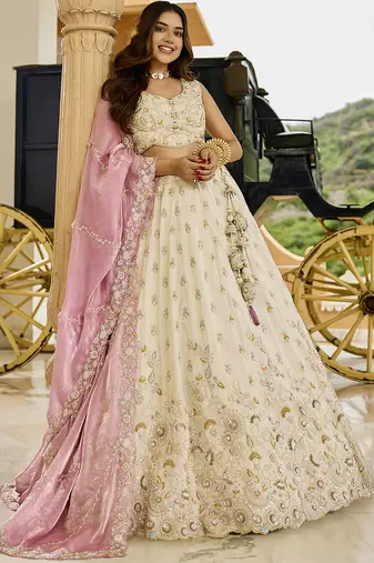 Cream Tissue Fabric Beads & Sequince Embroidered Semi Stitched Lehenga Choli & Dupatta