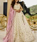 Cream Tissue Fabric Beads & Sequince Embroidered Semi Stitched Lehenga Choli & Dupatta