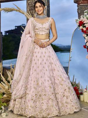 Pink Tissue Fabric Beads & Sequince Embroidered Semi Stitched Lehenga Choli & Dupatta 1