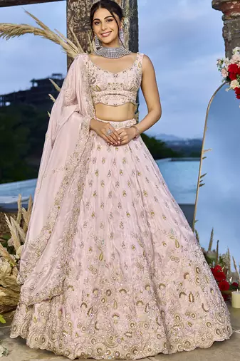 Pink Tissue Fabric Beads & Sequince Embroidered Semi Stitched Lehenga Choli & Dupatta